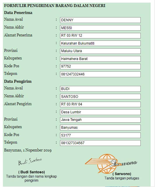 Contoh formulir pengiriman barang