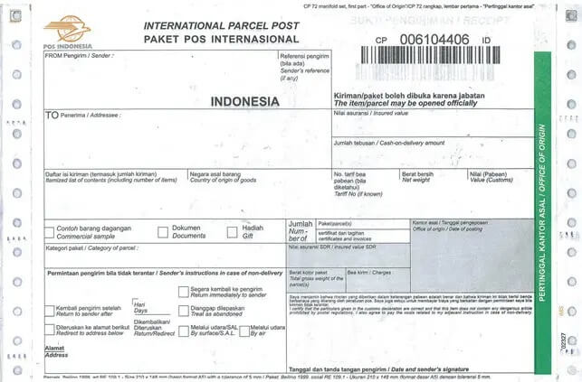 Formulir pengiriman barang POS Indonesia